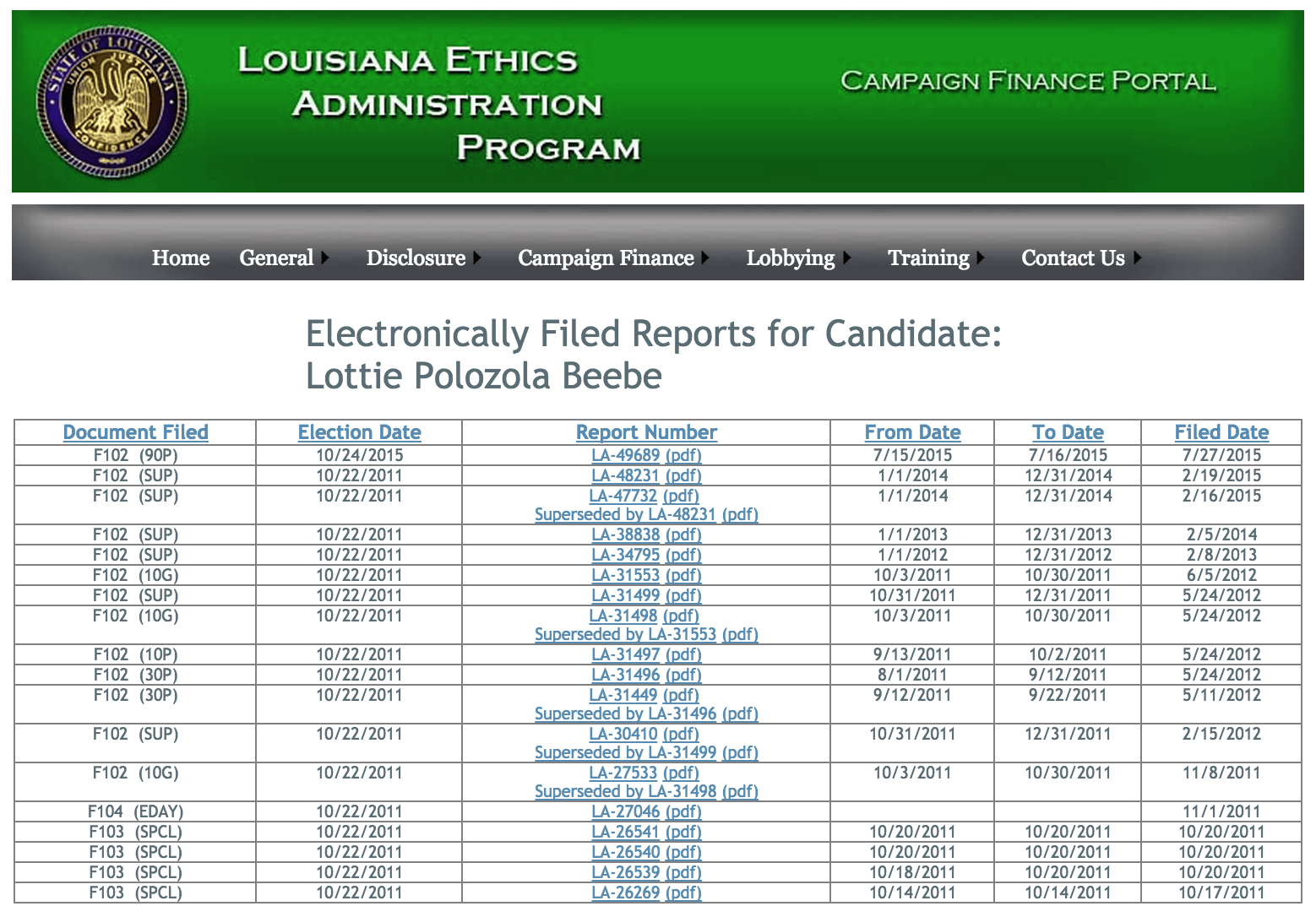 The list of Beebe's campaign finance reports on the LBE website.