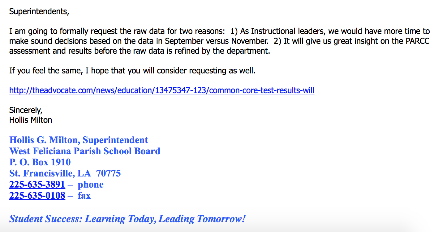 The first email on September 18th announcing Milton's plan to request raw test score data.