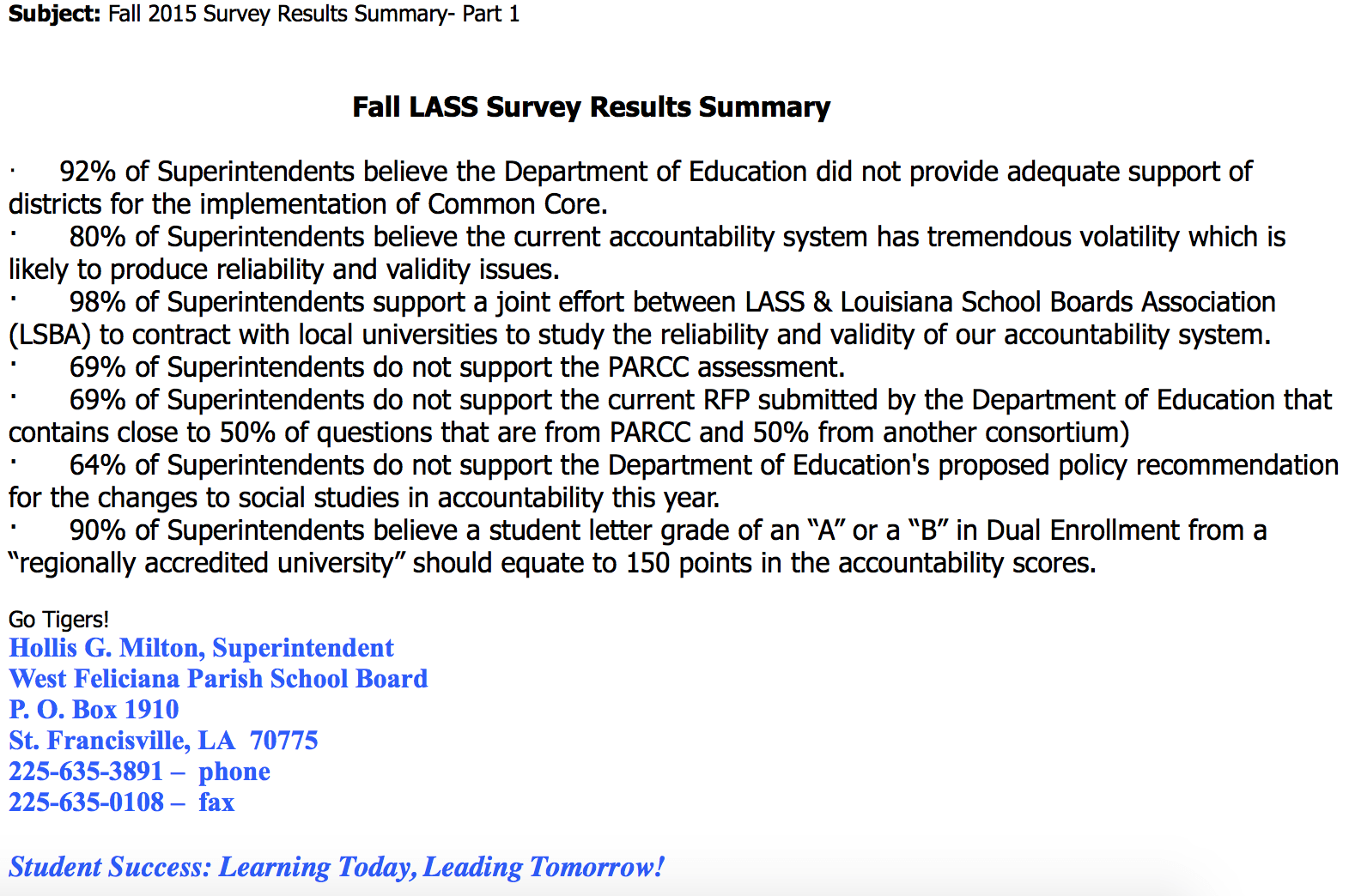 Milton's second email to superintendents with selected results from LASS' Fall Survey.