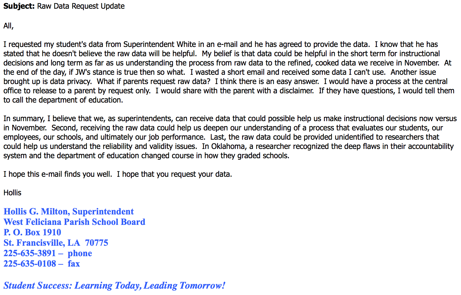 Milton's email to superintendents on Monday, September 21st.