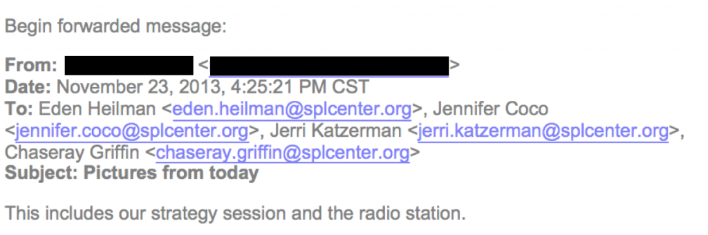 From an email circulated among SPLC's New Orleans staff on November 23, 2013.